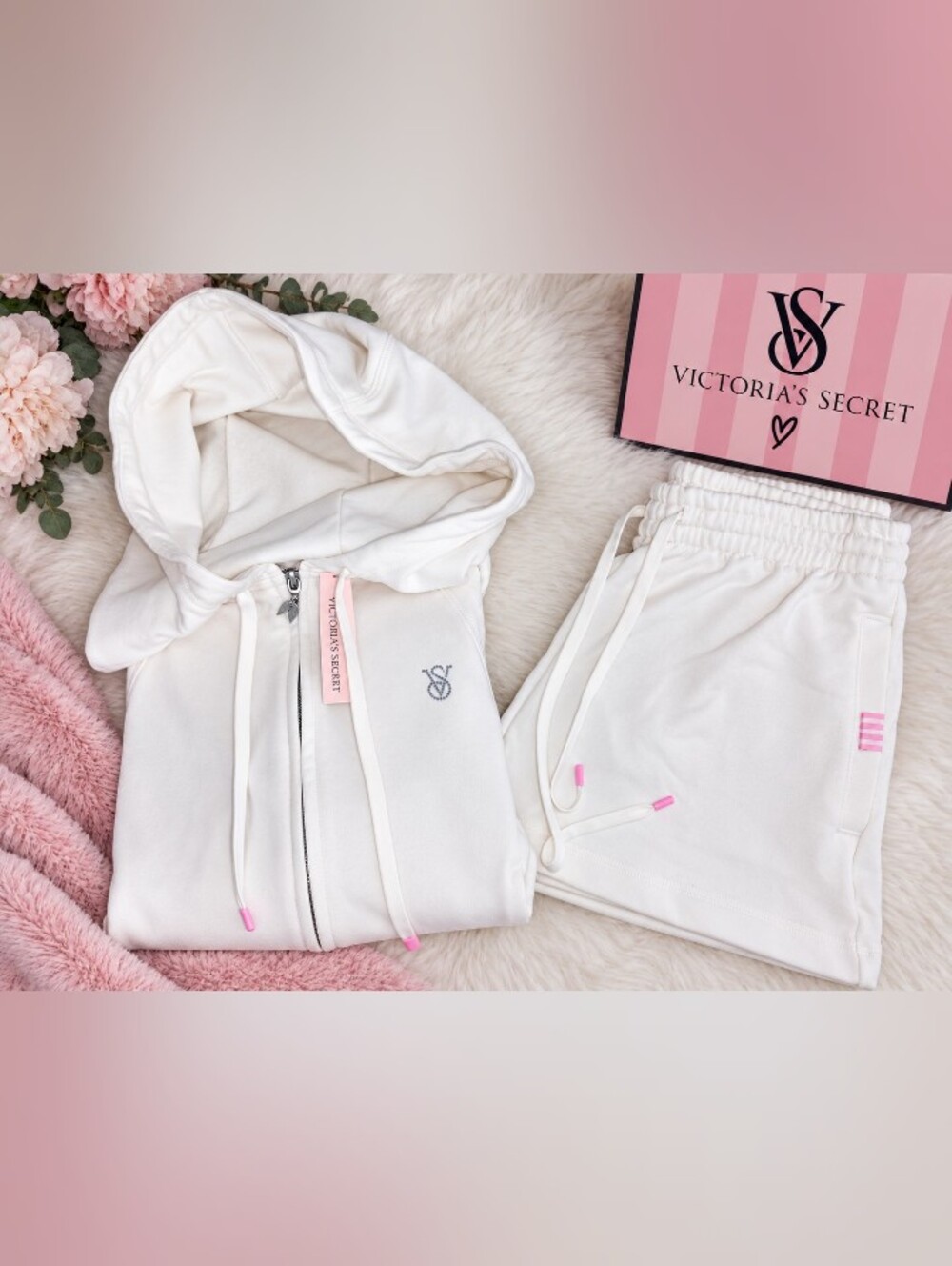 Victoria's Secret White & Pink Zip Hoodie & Shorts Set XS NWT